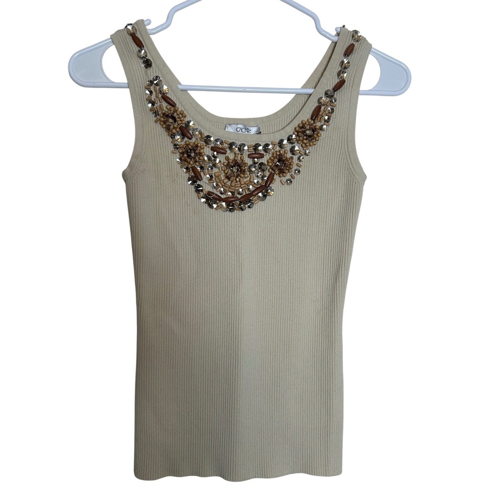 Y2K VTG Cache Beaded Tank Top Cream Ribbed Knit Sleeveless Embellished Women's S